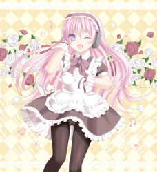 Rule 34 | 1girl, :d, argyle, argyle background, argyle clothes, bad id, bad pixiv id, black pantyhose, crotch seam, cup, fang, flower, gloves, headphones, ikeda yuuki, long hair, maid, maid headdress, musical note, one eye closed, open mouth, original, panties, panties under pantyhose, pantyhose, pantyshot, pink hair, purple eyes, smile, solo, tea, teacup, teapot, underwear, white panties, wink