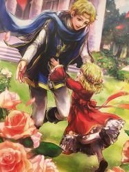 Rule 34 | 1boy, artist request, blonde hair, boots, brother and sister, cape, child, circlet, detached sleeves, dress, closed eyes, fire emblem, fire emblem: the blazing blade, fire emblem cipher, flower, gold trim, guinevere (fire emblem), hair ornament, highres, knee boots, long sleeves, nintendo, official art, open mouth, outdoors, petals, shoes, short hair, siblings, smile, white legwear, yellow eyes, zephiel