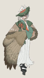 Rule 34 | 1girl, brown eyes, brown gloves, brown wings, character request, check character, creatures (company), decidueye, dress, feathered wings, flower, full body, game freak, gen 7 pokemon, geta, gloves, grey hair, grey lips, highres, lily pad, nintendo, old, old woman, personification, pokemon, short hair, solo, standing, tengu-geta, white dress, wings, woborou