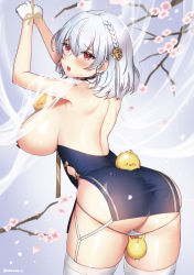 Rule 34 | 1girl, ass, azur lane, bad id, bad pixiv id, bare back, bare shoulders, bird, blush, bound, bound wrists, braid, branch, breast curtains, breasts, butt crack, cherry blossoms, chick, china dress, chinese clothes, commentary request, dress, flower, from behind, garter straps, gloves, gluteal fold, hair between eyes, hair flower, hair ornament, half gloves, highres, huge breasts, leaning forward, looking at viewer, looking back, melo (meromero), open mouth, panties, panty pull, pelvic curtain, petals, pulling another&#039;s clothes, red eyes, revealing clothes, shiny skin, short hair, shoulder blades, side braid, sideboob, silver hair, sirius (azur lane), sirius (azure horizons) (azur lane), skindentation, solo, thighhighs, thighs, twitter username, underboob, underwear, white gloves, white panties, white thighhighs