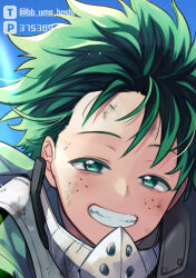 Rule 34 | 1girl, bloom, blush, boku no hero academia, close-up, colored eyelashes, dirty, dirty face, dutch angle, floating hair, freckles, green hair, green pupils, grin, happy, highres, looking at viewer, male focus, midoriya izuku, narrowed eyes, pixiv id, pixiv logo, portrait, scratches, short hair, smile, sparkle, teeth, twitter logo, twitter username, ume (326310), zooming in