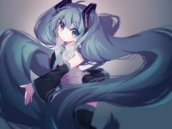 1girl absurdly_long_hair aqua_eyes aqua_hair aqua_nails aqua_necktie bad_id bad_twitter_id bare_shoulders black_skirt black_sleeves black_thighhighs blurry commentary depth_of_field detached_sleeves expressionless feet_out_of_frame floating_hair grey_shirt hair_ornament hatsune_miku headphones highres long_hair looking_at_viewer nail_polish necktie nuko_0108 outstretched_arm shirt shoulder_tattoo signature skirt sleeveless sleeveless_shirt solo tattoo thighhighs twintails very_long_hair vignetting vocaloid zettai_ryouiki