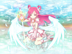 Rule 34 | 00s, 1girl, bare shoulders, cure dream, day, detached sleeves, dress, feathers, hair rings, holding, long hair, magical girl, minatsuki randoseru, pink eyes, pink hair, precure, reflection, sitting, sky, smile, solo, sword, weapon, white wings, wings, yes! precure 5, yumehara nozomi
