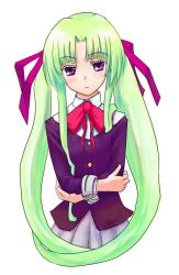 Rule 34 | 1girl, blazer, bow, bowtie, buttons, closed mouth, cowboy shot, crossed arms, daizan (mount position), expressionless, eyebrows, green hair, grey skirt, jacket, long hair, long sleeves, looking at viewer, pleated skirt, purple eyes, red bow, red bowtie, school uniform, serafuku, simple background, skirt, solo, twintails, white background