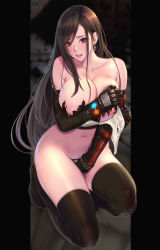 Rule 34 | 1girl, absurdres, bare shoulders, black gloves, black hair, black thighhighs, breasts, collarbone, commentary request, covering privates, covering breasts, covering crotch, crop top, dangle earrings, earrings, elbow gloves, elbow pads, final fantasy, final fantasy vii, final fantasy vii remake, full body, gauntlets, gloves, groin, hair between eyes, highres, jewelry, kneeling, large breasts, london inu, long hair, looking at viewer, low-tied long hair, materia, navel, nipples, no shoes, open mouth, pillarboxed, red eyes, shiny skin, shirt, sidelocks, skindentation, solo, square enix, stomach, tank top, tearing up, tears, teeth, thighhighs, tifa lockhart, torn clothes, torn shirt, upper teeth only, white tank top