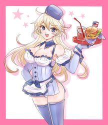 Rule 34 | 10s, 1girl, american flag, apron, blonde hair, blue dress, blue eyes, blue gloves, breasts, chemaru (a8l), cleavage, cup, detached collar, dress, drinking glass, drinking straw, elbow gloves, employee uniform, food, gloves, burger, hand on own hip, hat, highres, iowa (kancolle), kantai collection, large breasts, long hair, panties, short dress, side slit, solo, star (symbol), thighhighs, tray, underwear, uniform, waist apron, white panties