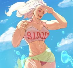 Rule 34 | 1girl, abs, absurdres, breasts, camisole, dorohedoro, earrings, food, hair slicked back, highres, jewelry, large breasts, lia likes latte, long hair, muscular, muscular female, noi (dorohedoro), red eyes, sky, solo, thong, water
