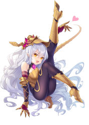 Rule 34 | 1girl, :d, absurdres, ass, bad id, bad pixiv id, bare shoulders, blush, bodysuit, elbow gloves, fangs, full body, gauntlets, gloves, granblue fantasy, hair between eyes, headpiece, heart, high heels, highres, leg up, long hair, looking at viewer, may (2747513627), medusa (shingeki no bahamut), open mouth, orange eyes, pointy ears, shingeki no bahamut, simple background, smile, solo, tail, very long hair, white background