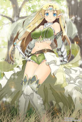 Rule 34 | 1girl, armor, bare shoulders, blonde hair, blue eyes, earrings, elbow gloves, elf, forest, frills, gloves, highres, jewelry, kimura shigetaka, long hair, looking at viewer, nature, navel, original, pointy ears, smile, solo, tree