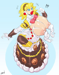Rule 34 | 1girl, aegis (persona), artist request, bimbofication, blonde hair, blue eyes, bow, breasts, cake, cake girl, confused, cream, curvy, female focus, food, food creature, food girl, gynoid, henshin, highres, lactation, large breasts, lips, living food, magic, persona, persona 3, ribbon, robot, robot girl, short hair, solo, standing, thick thighs, thighhighs, thighs, transformation, transformation (object), video game, wide hips
