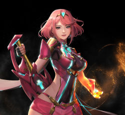 Rule 34 | 1girl, armor, breasts, covered navel, earrings, fingerless gloves, fire, gloves, headpiece, highres, jewelry, large breasts, looking at viewer, nintendo, pyra (xenoblade), red eyes, red hair, red shorts, short hair, shorts, shoulder armor, smile, solo, sunkilow, swept bangs, sword, tiara, weapon, xenoblade chronicles (series), xenoblade chronicles 2