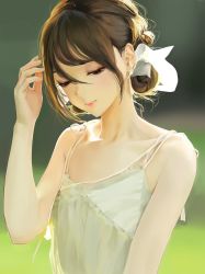 Rule 34 | 1girl, armpit crease, black hair, blurry, blurry background, closed eyes, collarbone, dress, flat chest, grass, hair ornament, hand up, highres, leviathan (hikinito0902), medium hair, original, outdoors, red lips, solo, standing, sundress