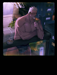 Rule 34 | 1boy, balcony, bara, briefs, building, bulge, cigarette, cigarette butt, facial hair, goatee, hair slicked back, highres, large pectorals, likaou, male focus, male underwear, muscular, muscular male, old, old man, original, outdoors, pectorals, short hair, smoking, solo, stubble, thick thighs, thighs, underwear, underwear only, white hair, white male underwear