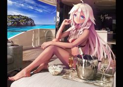 Rule 34 | 1girl, ahoge, alcohol, armchair, bad id, bad pixiv id, bare back, bare legs, bare shoulders, barefoot, bikini, blue eyes, boat, braid, breasts, chair, champagne, champagne flute, cleavage, cliff, closed mouth, commentary, criss-cross halter, cup, day, drinking glass, english commentary, food, full body, hair between eyes, halterneck, holding, holding food, horizon, ia (vocaloid), jewelry, long hair, looking at viewer, medium breasts, nail polish, ocean, outdoors, popcorn, purple bikini, purple nails, ring, silver hair, sitting, smile, solo, swimsuit, takepon1123, tareme, toenail polish, toenails, tray, twin braids, very long hair, vocaloid, water, watercraft