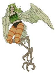 Rule 34 | 1girl, camisole, donquixote pirates, full body, green hair, harpy, monet (one piece), monster girl, one piece, patterned legwear, simple background, solo, striped legwear, wings