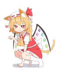 Rule 34 | 1girl, animal ears, ascot, back bow, blonde hair, bow, cat ears, cat tail, crystal, flandre scarlet, frills, hat, heart, highres, looking at viewer, mob cap, nihohohi, no shoes, paw pose, pointy ears, puffy short sleeves, puffy sleeves, red eyes, red skirt, red vest, ribbon, shirt, short hair, short sleeves, side ponytail, simple background, skirt, skirt set, socks, solo, tail, touhou, vest, white background, white shirt, white socks, wings, yellow ascot
