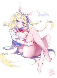 Rule 34 | 1girl, absurdres, animal ears, artist name, bare legs, bare shoulders, barefoot, blonde hair, blue eyes, blush, borrowed character, breasts, cleavage, closed mouth, collarbone, commentary request, fingernails, full body, glint, hair ornament, hair tie, hairclip, highres, jewelry, kanola u, knees up, large breasts, legs, long hair, looking at viewer, neck ribbon, original, rabbit ears, red ribbon, ribbon, ring, short sleeves, sidelocks, signature, sitting, skindentation, smile, solo, twintails, two side up, very long hair, wrist cuffs
