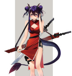 Rule 34 | 1girl, arknights, bare arms, bare legs, bare shoulders, bike shorts, black shorts, blush, breasts, ch&#039;en (ageless afterglow) (arknights), ch&#039;en (arknights), china dress, chinese clothes, cleavage, double bun, dragon horns, dragon tail, dress, feet out of frame, grey background, hair between eyes, hair bun, hand in own hair, hand up, highres, holster, horns, long hair, looking at viewer, luting, official alternate costume, open mouth, pelvic curtain, purple hair, red dress, red eyes, scabbard, sheath, sheathed, short shorts, shorts, side slit, sleeveless, sleeveless dress, small breasts, solo, standing, sword, tail, thigh holster, thighs, two-tone background, weapon, white background