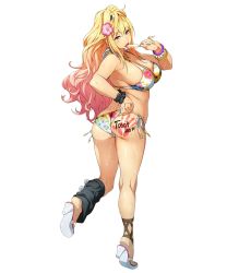 Rule 34 | 1girl, adjusting clothes, adjusting swimsuit, ankle lace-up, ass, asymmetrical legwear, bead bracelet, beads, bikini, blonde hair, bracelet, breasts, cross-laced footwear, eating, floral print, flower, food, full body, gradient hair, gyaru, hair flower, hair ornament, hairband, halterneck, halterneck, heel up, high heels, holding, holding food, jewelry, large breasts, leg warmers, long hair, looking at viewer, mismatched legwear, multicolored hair, nail polish, necklace, open mouth, pink hair, popsicle, red eyes, sandals, shatte judevesten, shoe soles, side-tie bikini bottom, solo, super robot wars, super robot wars x-omega, swimsuit, tattoo, transparent background, twisted torso, watanabe wataru (character designer), wedgie, wrist cuffs