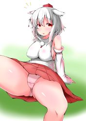 Rule 34 | 1girl, :o, animal ears, bare shoulders, blush, breasts, cameltoe, covered erect nipples, fang, hat, highres, huge breasts, inubashiri momiji, looking at viewer, miniskirt, no bra, panties, pink panties, pleated skirt, shishi juuroku, short hair, sideboob, skirt, solo, spread legs, tail, thick eyebrows, thick thighs, thighs, tokin hat, touhou, underwear, upskirt, white hair, wolf ears, wolf tail