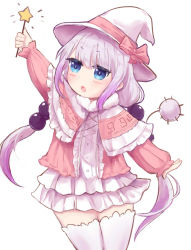 Rule 34 | 10s, 1girl, absurdres, arm up, artist request, beads, blue eyes, bow, capelet, hair beads, hair ornament, hat, hat bow, hat ribbon, highres, kanna kamui, kobayashi-san chi no maidragon, light purple hair, long hair, open mouth, ribbon, simple background, skirt, solo, tail, thighhighs, wand, white background, white thighhighs