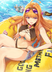 Rule 34 | 1girl, :d, absurdres, ahoge, bikini, black bikini, blonde hair, bow, braid, breasts, cleavage, day, dragon horns, dragon tail, hairband, highres, hololive, horn bow, horn ornament, horns, innertube, kiryu coco, large breasts, long hair, looking at viewer, multicolored hair, navel, ohland, open mouth, orange hair, outdoors, purple-tinted eyewear, reclining, red eyes, single braid, smile, solo, stomach, swim ring, swimsuit, tail, thighs, tinted eyewear, very long hair, virtual youtuber, water, wet