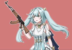 Rule 34 | 1girl, aqua hair, armlet, blue cape, bracelet, cape, choker, clothing cutout, dress, faruzan (genshin impact), genshin impact, green eyes, gun, hand up, holding, holding gun, holding weapon, jewelry, long hair, nz75 ge, open mouth, pink background, puffy short sleeves, puffy sleeves, short sleeves, shoulder cutout, simple background, smile, solo, twintails, upper body, weapon, weapon request, white dress