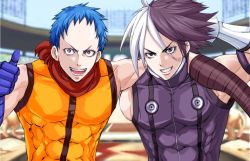 Rule 34 | 2boys, abs, bad id, bad pixiv id, blouse, blue hair, choker (pixiv), gloves, k9999, male focus, multicolored hair, multiple boys, nameless, nameless (kof), orange shirt, plugsuit, scarf, shirt, side-by-side, sleeveless, sleeveless shirt, snk, split-color hair, the king of fighters, thumbs up, two-tone hair