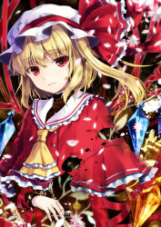 Rule 34 | 1girl, 6u (eternal land), adapted costume, ascot, bad id, bad pixiv id, blonde hair, capelet, crystal, female focus, flandre scarlet, flower, from side, hat, kiyu, light smile, petals, red eyes, short hair, side ponytail, solo, touhou, upper body, wings