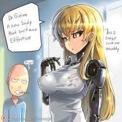 Rule 34 | 1boy, 1girl, android, bald, black sclera, blonde hair, brushing teeth, bubble, chestnut mouth, colored sclera, cyborg, earrings, english text, engrish text, eyebrows, genderswap, genderswap (mtf), genos, hm (hmongt), impossible clothes, impossible shirt, indoors, jewelry, lens flare, long hair, long sleeves, one-punch man, pajamas, patreon, patreon username, ranguage, reflection, saitama (one-punch man), shirt, sleeveless, sweat, t-shirt, taut clothes, taut shirt, text focus, toothbrush, watermark, web address, window, yellow eyes