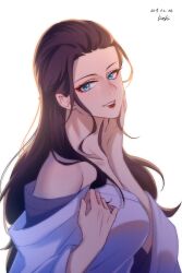 Rule 34 | 1girl, black hair, blue eyes, commentary request, dated, eyeliner, hair slicked back, hand on own face, highres, koshikun, long hair, looking to the side, makeup, nico robin, one piece, red eyeliner, sidelocks, simple background, smile, solo, white background