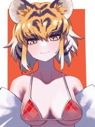 Rule 34 | 1girl, animal ear fluff, animal ears, bikini, black hair, blonde hair, blush, chinese zodiac, collarbone, commentary request, fang, highres, kemono friends, light blush, looking at viewer, red bikini, short hair, smile, solo, swimsuit, undressing, upper body, uumi hinata, white hair, year of the tiger, yellow eyes