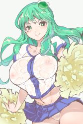 Rule 34 | 1girl, adapted costume, blue skirt, bouncing breasts, breasts, cheerleader, closed mouth, collarbone, covered erect nipples, frog hair ornament, green eyes, green hair, hair ornament, highres, holding, holding pom poms, kaizu (kaizukurodai), kochiya sanae, large breasts, long hair, looking at viewer, midriff, miniskirt, navel, nipples, panties, pantyshot, pom pom (cheerleading), pom poms, see-through, shirt, short sleeves, sidelocks, simple background, skirt, smile, snake hair ornament, solo, star-shaped pupils, star (symbol), symbol-shaped pupils, thighs, touhou, underwear, wet, wet clothes, wet shirt, white background, white panties