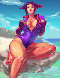 Rule 34 | 1girl, barefoot, beach, black hair, bodysuit, breasts, catsuit, cleavage, day, drill hair, fingerless gloves, gloves, han juri, large breasts, looking at viewer, nail polish, naughty face, nipples, no bra, partially undressed, pink nails, purple eyes, sitting, skin tight, solo, street fighter, street fighter v, theabsolutelimit, toeless legwear, toenail polish, toenails, toes, twin drills, underboob, unzipped, watermark, web address