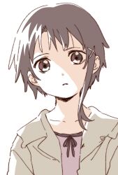 1girl asymmetrical_hair brown_eyes brown_hair brown_shirt collarbone expressionless grey_jacket hair_ornament highres iwakura_lain jacket looking_at_viewer namori nostrils open_clothes open_jacket parted_lips serial_experiments_lain shadow shirt short_hair simple_background single_sidelock solo white_background x_hair_ornament