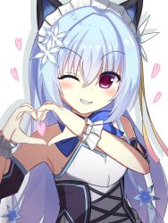 Rule 34 | 1girl, alternate costume, animal ears, bare shoulders, blue bow, blue hair, blush, bow, cat ears, commentary, drop shadow, enmaided, fake animal ears, frilled wrist cuffs, frills, grin, hair between eyes, hair intakes, hair ornament, hamidashi creative, hands up, heart, heart hands, highres, light blue hair, long hair, looking at viewer, maid, maid headdress, mako mako, one eye closed, red eyes, simple background, smile, snowflake hair ornament, solo, upper body, v-shaped eyebrows, very long hair, white background, white wrist cuffs, wrist cuffs, yukige shiki