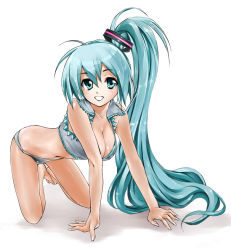 Rule 34 | 1girl, :d, all fours, alternate hairstyle, aqua eyes, aqua hair, barefoot, bikini, bikini bottom only, breasts, cleavage, female focus, full body, hatsune miku, large breasts, long hair, maruyama, open mouth, ponytail, side ponytail, smile, solo, swimsuit, very long hair, vocaloid, white background