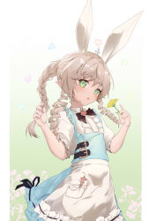 Rule 34 | 1girl, absurdres, animal ears, apron, black bow, blue dress, bow, braid, brown hair, center frills, character request, commission, dress, drill hair, final fantasy, final fantasy xiv, flower, frilled apron, frills, gradient background, green background, green eyes, hands up, highres, holding, holding flower, long hair, parted lips, pointy ears, ponta (velmar), puffy short sleeves, puffy sleeves, rabbit ears, ribbon-trimmed apron, ribbon trim, shirt, short sleeves, side drill, sidelocks, single braid, skeb commission, sleeveless, sleeveless dress, solo, waist apron, white apron, white background, white shirt, yellow flower