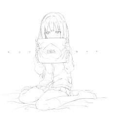 Rule 34 | ..., 10s, 1girl, blush, covering own mouth, embarrassed, greyscale, highres, holding, holding pillow, idolmaster, idolmaster cinderella girls, kneehighs, long hair, looking away, monochrome, pillow, pleated skirt, shibuya rin, sitting, sketch, skirt, socks, solo, wariza, yd (orange maru), yes, yes-no pillow