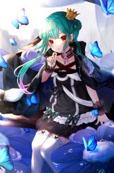Rule 34 | 1girl, absurdres, aqua hair, aqua nails, asymmetrical hair, bad id, bad pixiv id, black choker, black coat, black dress, blush, bow, bug, butterfly, choker, coat, coat on shoulders, commentary, crown, double bun, dress, dress bow, feet out of frame, fingernails, flat chest, flower, frilled dress, frilled straps, frilled thighhighs, frills, garter straps, hair bun, highres, hololive, insect, long hair, looking at viewer, nail polish, off-shoulder dress, off shoulder, parted lips, pink hair, popped collar, red eyes, shinakou, short dress, short sleeves, sitting, solo, symbol-only commentary, thighhighs, tilted headwear, twintails, uneven twintails, uruha rushia, uruha rushia (3rd costume), virtual youtuber, white garter straps, white thighhighs, wristband