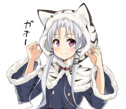 Rule 34 | 1girl, animal ears, animal hood, azur lane, blue dress, blush, capelet, chang chun (azur lane), closed mouth, commentary request, dress, fur-trimmed capelet, fur-trimmed hood, fur-trimmed sleeves, fur trim, hands up, highres, hood, hood up, hooded capelet, kohakope, long hair, long sleeves, looking at viewer, parted lips, purple eyes, sidelocks, simple background, smile, solo, tiger ears, tiger hood, translation request, white background, wide sleeves