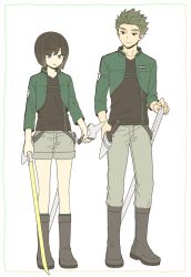 Rule 34 | 1boy, 1girl, 7100potechi, arms at sides, black footwear, black hair, black shirt, blouse, bob cut, boots, border, cropped jacket, dual wielding, green hair, green jacket, grey pants, grey shorts, hand on hilt, height difference, holding, holding sword, holding weapon, jacket, knee boots, kon yuka, long sleeves, looking at another, looking down, looking to the side, murakami kou, pants, pants tucked in, shirt, short hair, shorts, side-by-side, smile, spiked hair, standing, sword, uniform, v-neck, weapon, white background, world trigger