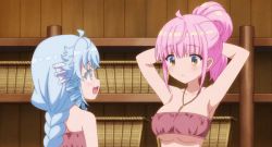 Rule 34 | 2girls, adjusting hair, animal ears, animated, animated gif, armpits, arms up, bare shoulders, blue hair, blush, bouncing breasts, bra, braid, braided ponytail, breasts, cleavage, collarbone, fa (rpg fudousan), jewelry, jiggle, kazairo kotone, large breasts, long hair, multiple girls, necklace, pink hair, ponytail, rpg fudousan, strapless, strapless bra, underboob, underwear