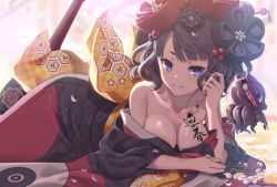 Rule 34 | 1girl, aora, bare shoulders, black hair, blue eyes, body writing, breasts, cleavage, collarbone, fate/grand order, fate (series), flower, japanese clothes, katsushika hokusai (fate), kimono, long hair, looking at viewer, lying, medium breasts, octopus, on stomach, smile, solo