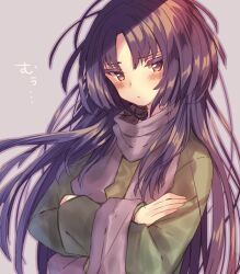 Rule 34 | 1girl, bored, character request, closed mouth, colored eyelashes, commentary request, copyright request, crossed arms, green sleeves, green sweater, grey background, highres, kanmuri wo motsu kami no te, light blush, light frown, long hair, long sleeves, parted bangs, purple eyes, purple hair, purple outline, purple scarf, scarf, sidelocks, simple background, solo, sweater, upper body, usamata, very long hair