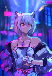 Rule 34 | 1girl, animal ears, bare shoulders, black pantyhose, breasts, cat ears, chest jewel, city, collarbone, fingerless gloves, gloves, hand in pocket, highres, instrument, jacket, mio (xenoblade), negresco, neon lights, pantyhose, red ribbon, ribbon, skirt, small breasts, solo, tank top, white hair, white jacket, white skirt, white tank top, xenoblade chronicles (series), xenoblade chronicles 3, yellow eyes