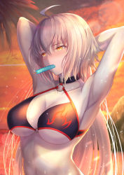 Rule 34 | 1girl, absurdres, ahoge, armpits, arms behind head, arms up, backlighting, bikini, black bikini, blurry, blurry background, blush, breasts, cleavage, cloud, collarbone, commentary request, depth of field, evening, fate/grand order, fate (series), food, highres, jeanne d&#039;arc alter (swimsuit berserker) (fate), jeanne d&#039;arc (fate), jeanne d&#039;arc alter (fate), jeanne d&#039;arc alter (swimsuit berserker) (fate), large breasts, lens flare, long hair, looking away, looking to the side, mouth hold, o-ring, o-ring bikini, orange eyes, pale skin, penguintake, popsicle, silver hair, solo, sparkle, swimsuit, underboob, upper body, very long hair, water drop