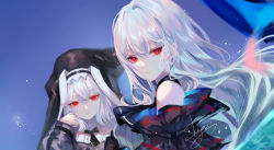 Rule 34 | 2girls, arknights, artist name, bare shoulders, blue background, commentary request, habit, hand up, long hair, long sleeves, looking at viewer, multiple girls, red eyes, sheya, signature, silver hair, skadi (arknights), skadi (elite ii) (arknights), specter (arknights), upper body