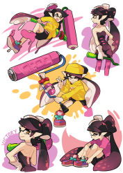 Rule 34 | 1girl, ;), backwards hat, bike shorts, black dress, black hair, black shorts, brown eyes, callie (splatoon), detached collar, dress, earrings, full body, gloves, gomipomi, hand on own hip, hat, holding, holding weapon, ink, ink tank (splatoon), inkling, inkling player character, jewelry, long hair, long sleeves, looking to the side, mole, mole under eye, multiple views, nintendo, one eye closed, pantyhose, pink pantyhose, pink shirt, pointy ears, profile, red footwear, shirt, shoes, short sleeves, shorts, sitting, smile, splat roller (splatoon), splatoon (series), splatoon 1, standing, strapless, strapless dress, t-shirt, v, weapon, white gloves