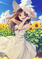Rule 34 | 1girl, :d, blue sky, brown eyes, brown hair, cloud, cloudy sky, contrail, day, dress, field, floating hair, flower, flower field, hat, highres, long hair, looking at viewer, open mouth, original, outdoors, sky, smile, solo, sun hat, sunflower, sunflower field, warabimochi kinako, white dress